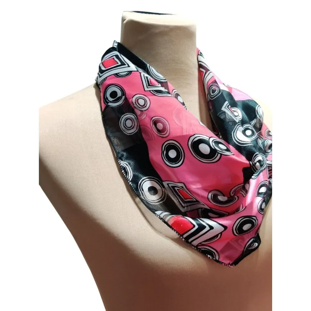 Womens Scarf Pink Black Geometric Print Lightweight Sheer Square Mod Retro Chic